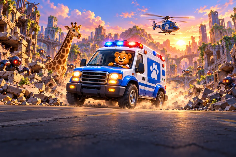 A teddy drives a blue rescue ambulance down a ruined street past a giraffe, a rescue helicopter overhead